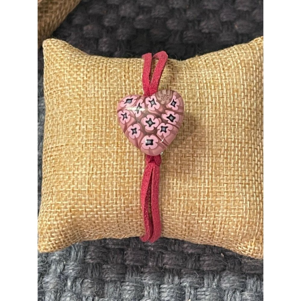Murano Glass Bracelet Pink Leather Silver tone heart adjustable 9" at longest